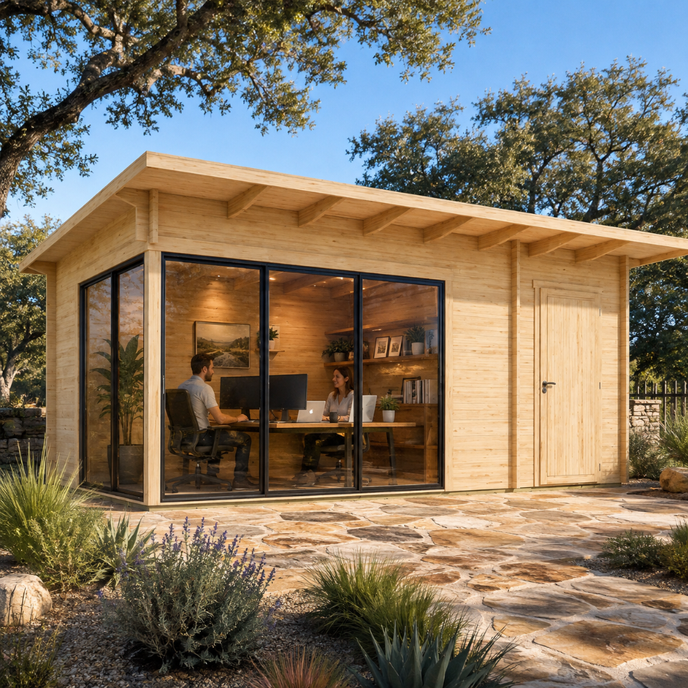 Rectangular wood studio with large glass windows and a flat roof, featuring two people working inside at a desk.