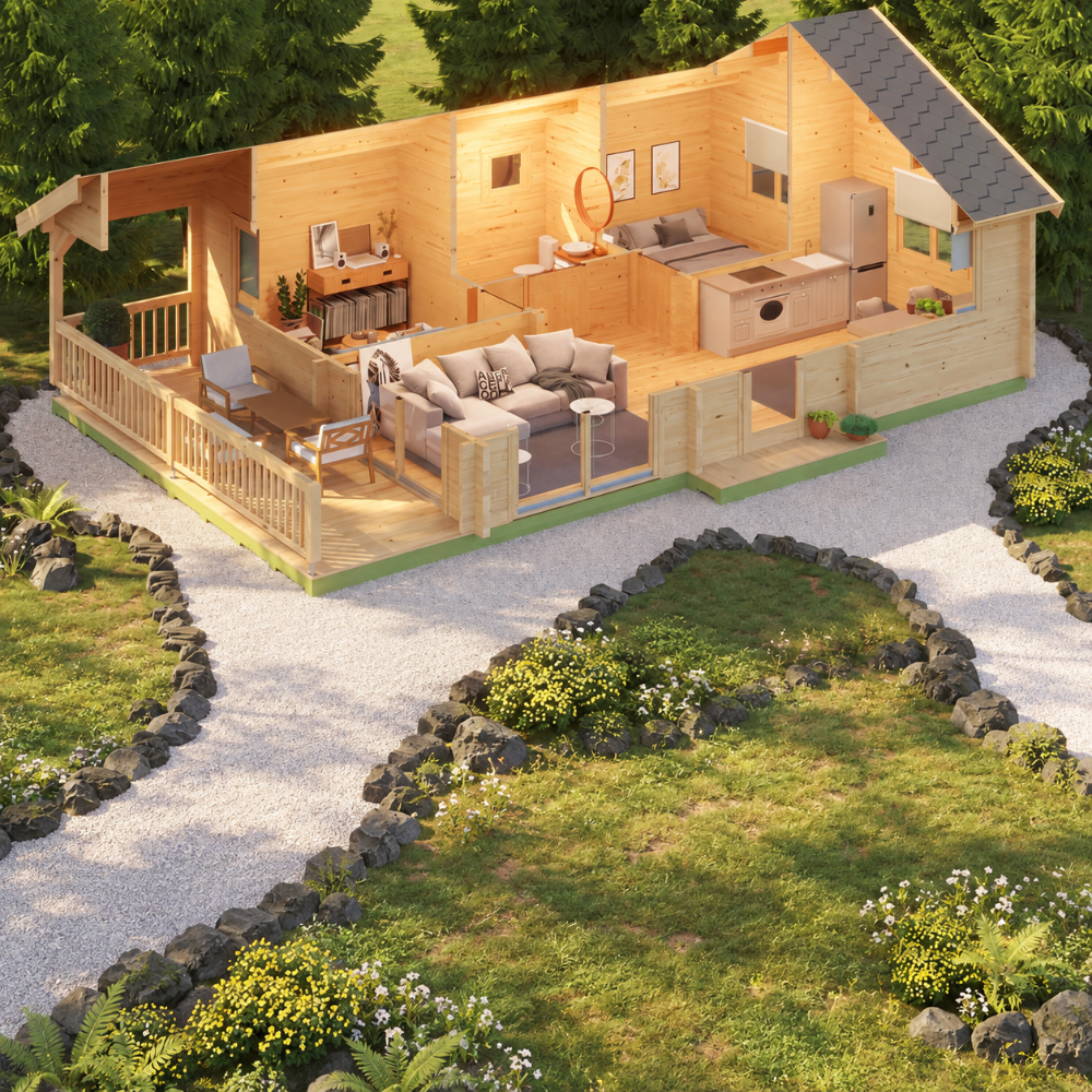 A cutaway view reveals the inside of the GardenHouse24 USA Garda 90 Garden Room, showing the living room, bedroom, kitchen, and covered terrace