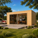 Rectangular wood studio with glass sliding doors and two people working at a desk inside, set in a green garden.