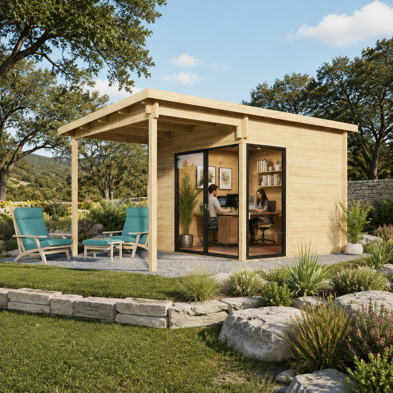 Small light wood studio with a flat roof, glass doors, and a covered patio featuring two blue lounge chairs.