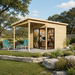 Small light wood studio with a flat roof, glass doors, and a covered patio featuring two blue lounge chairs.