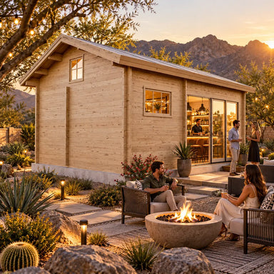 Rear and side view of the Edwin Lake House 70MM transformed into a golden-hour backyard bar, with friends socializing beside a fire feature and desert landscaping.
