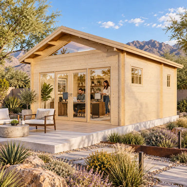 Edwin Lake House 70MM configured as a sunny home office in an upscale Nevada backyard, with two adults working behind its full-height glass frontage.
