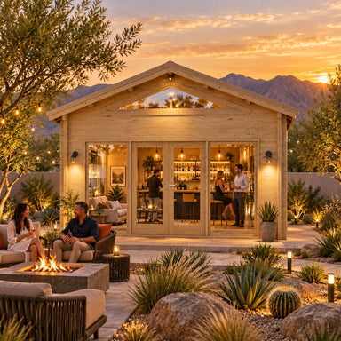 Straight-on view of the Edwin Lake House PLUS 70MM transformed into a golden-hour backyard bar, with friends socializing inside and beside an outdoor fire feature.
