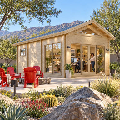 Edwin Lake House PLUS 70MM configured as a sunny Nevada home office, with two adults working behind its expansive front and side glazing.
