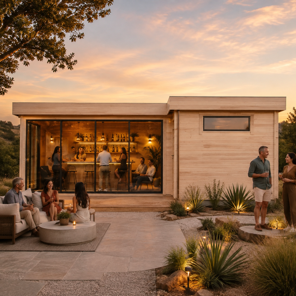 Rectangular light wood cabin with glass doors, outdoor patio, and people socializing at sunset.