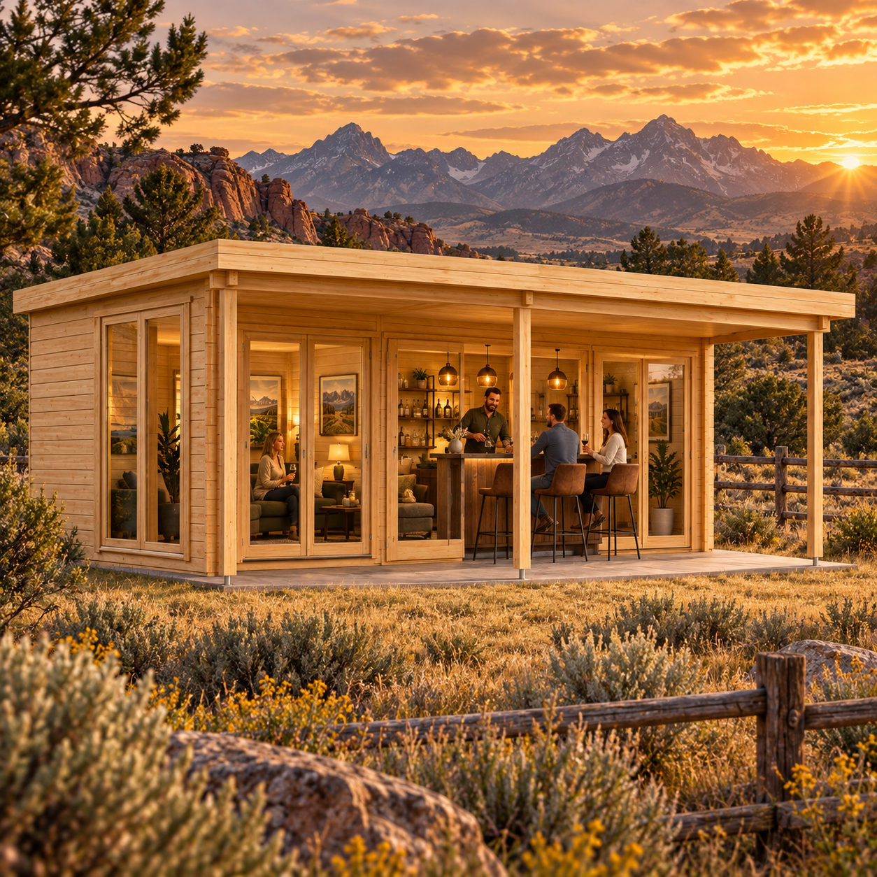 Rectangular wood cabin with glass doors and a porch, set in a mountain landscape at sunset.