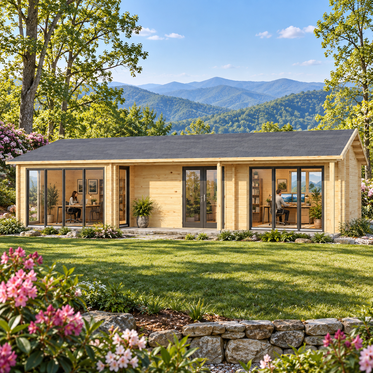 Rectangular light wood cabin with glass doors and windows on a lawn, titled Casablanca 70 – Multi-Room Freedom House.