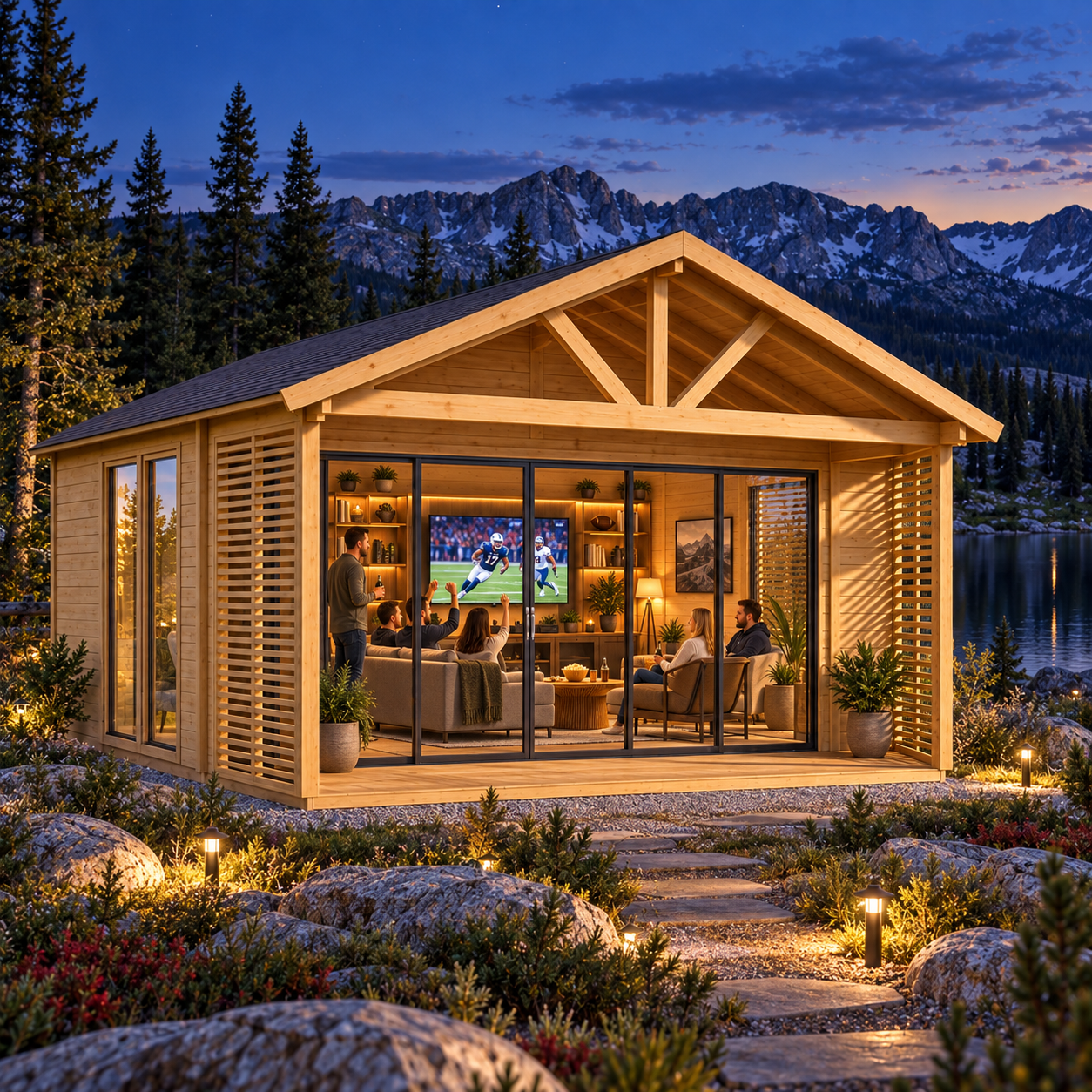 One light wood studio with glass doors and a gabled roof, illuminated at night near a lake and mountains.