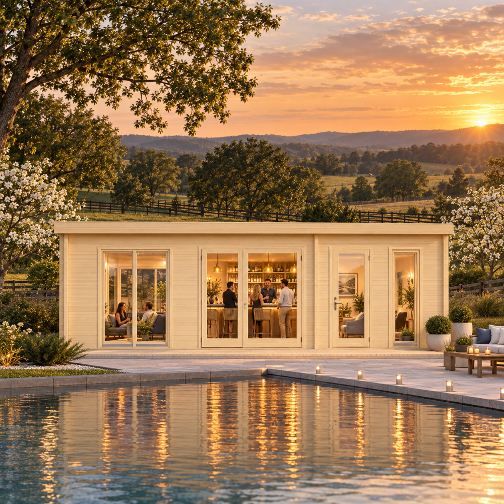 Straight-on view of the Henning 70 entertainment bar beside a reflective pool at golden hour, overlooking flowering dogwoods, Piedmont farmland, and wooded North Carolina ridges.