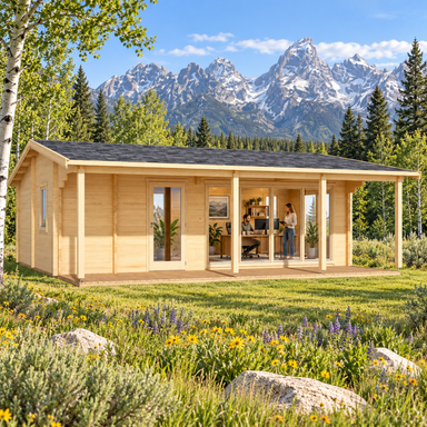 Rectangular wood cabin with glass doors and a porch, set in a grassy field with pine trees and snowy mountains behind.