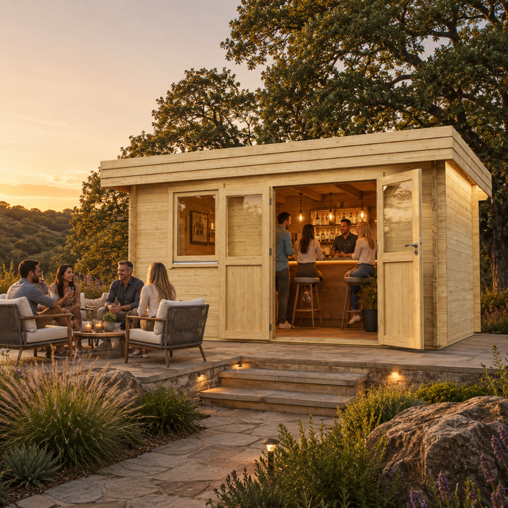 Rectangular wood Miriam 44A studio with people sitting on a stone patio and standing at an indoor bar at sunset.