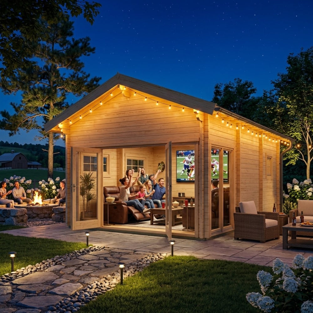 A lit-up wooden Freedom Room cabin set on a lush lawn under a clear, starry night sky in the North Carolina countryside. Inside the cabin's open glass doors, a family sits on a leather sectional cheering while watching a football game on a mounted flat-screen TV. Warm string lights accent the roofline, pathway lights illuminate a stone walkway leading to the cabin, and guests sit around a stone fire pit in the background.