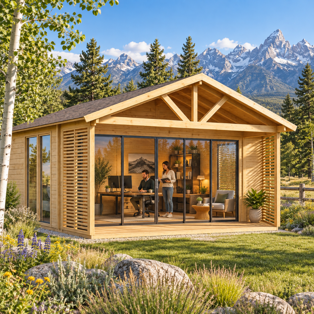 ALU Concept Arosa 70C Freedom Office configured as a professional home office in a sunny Jackson Hole landscape with aspens, native flowers, rocks, and Wyoming mountains.