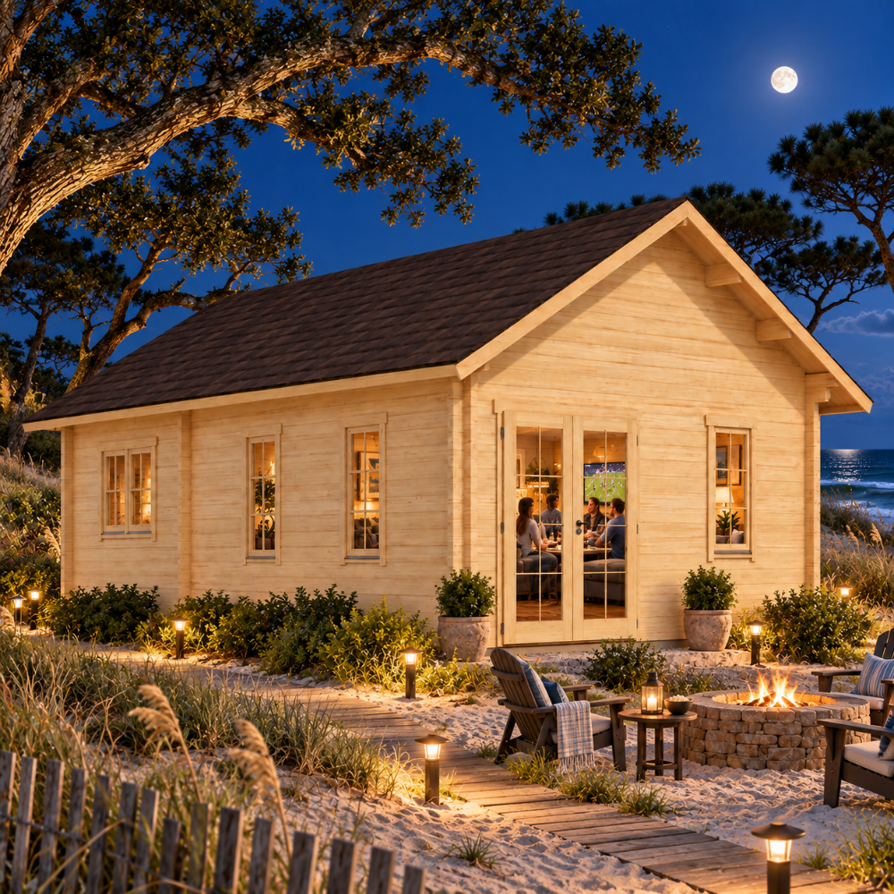 Farum 44 sports room illuminated at night among live oaks, maritime pines, sea oats, and coastal dunes on North Carolina’s Outer Banks.