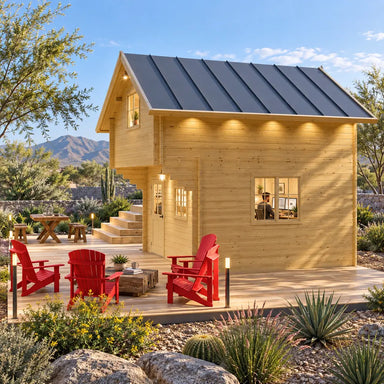 Long-side view of the 130-square-foot Freedom Loft Studio Jumbo Grand 130 SD in a sunny Nevada backyard. An adult works inside the compact office, surrounded by desert landscaping, red patio chairs, stone walls, and distant mountains.
