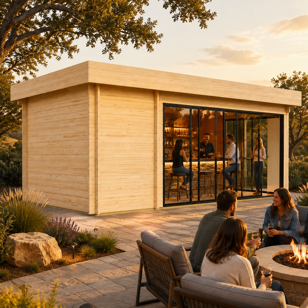 Rectangular light wood studio with glass doors and a bar interior, set on a stone patio with people by a fire pit.