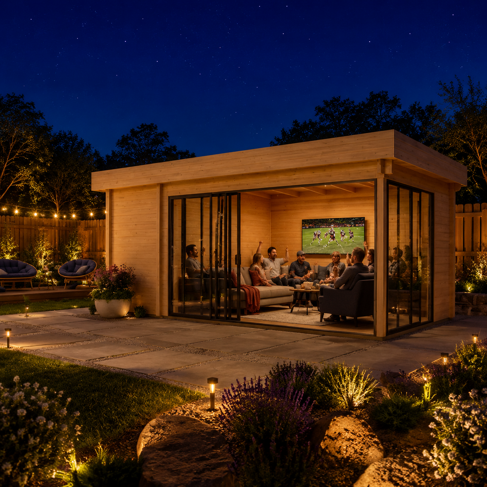 Rectangular wood studio with glass sliding doors and people sitting inside on a lit patio at night.