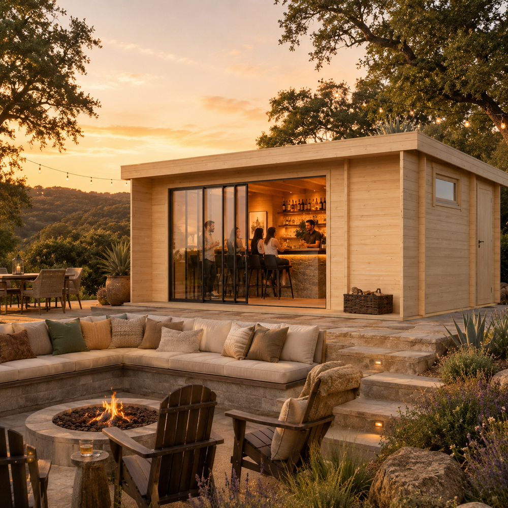 Rectangular wood studio with glass sliding doors, stone patio, fire pit, and outdoor seating at sunset.