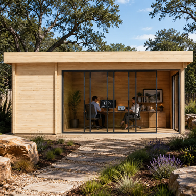 Rectangular light wood studio with glass sliding doors, two people working inside, and a stone path in the foreground.