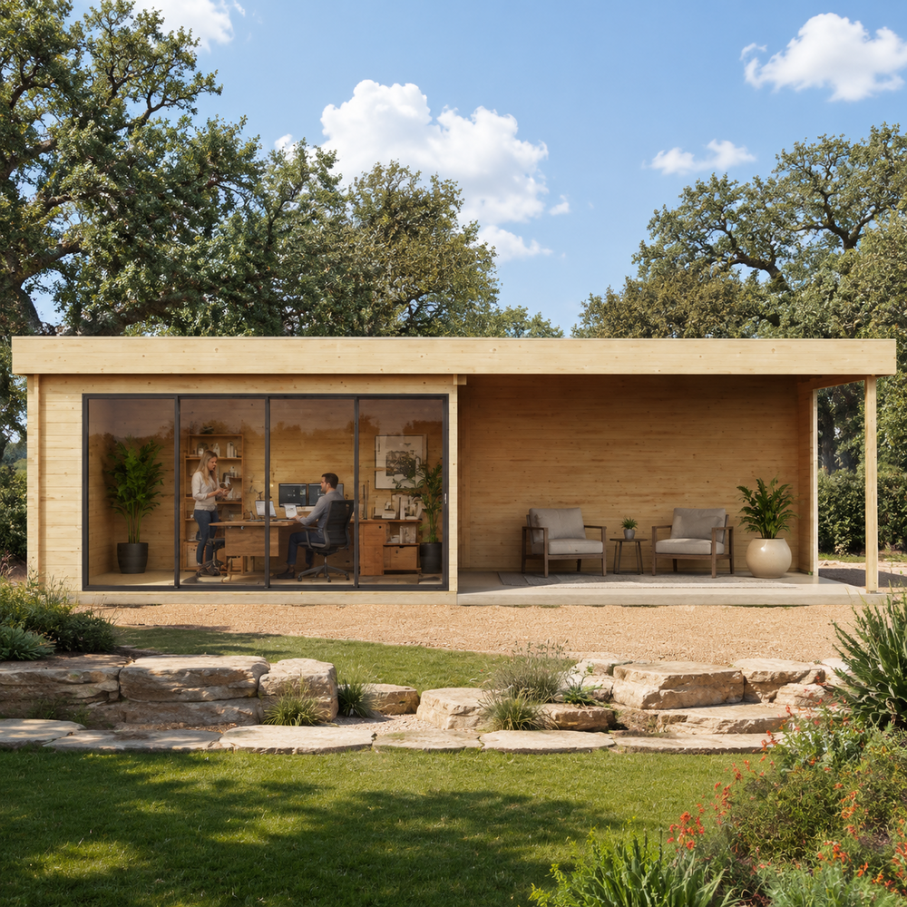 Rectangular wood studio with glass-walled office and open porch featuring two chairs, set in a landscaped garden.