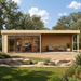 Rectangular wood studio with glass-walled office and open porch featuring two chairs, set in a landscaped garden.