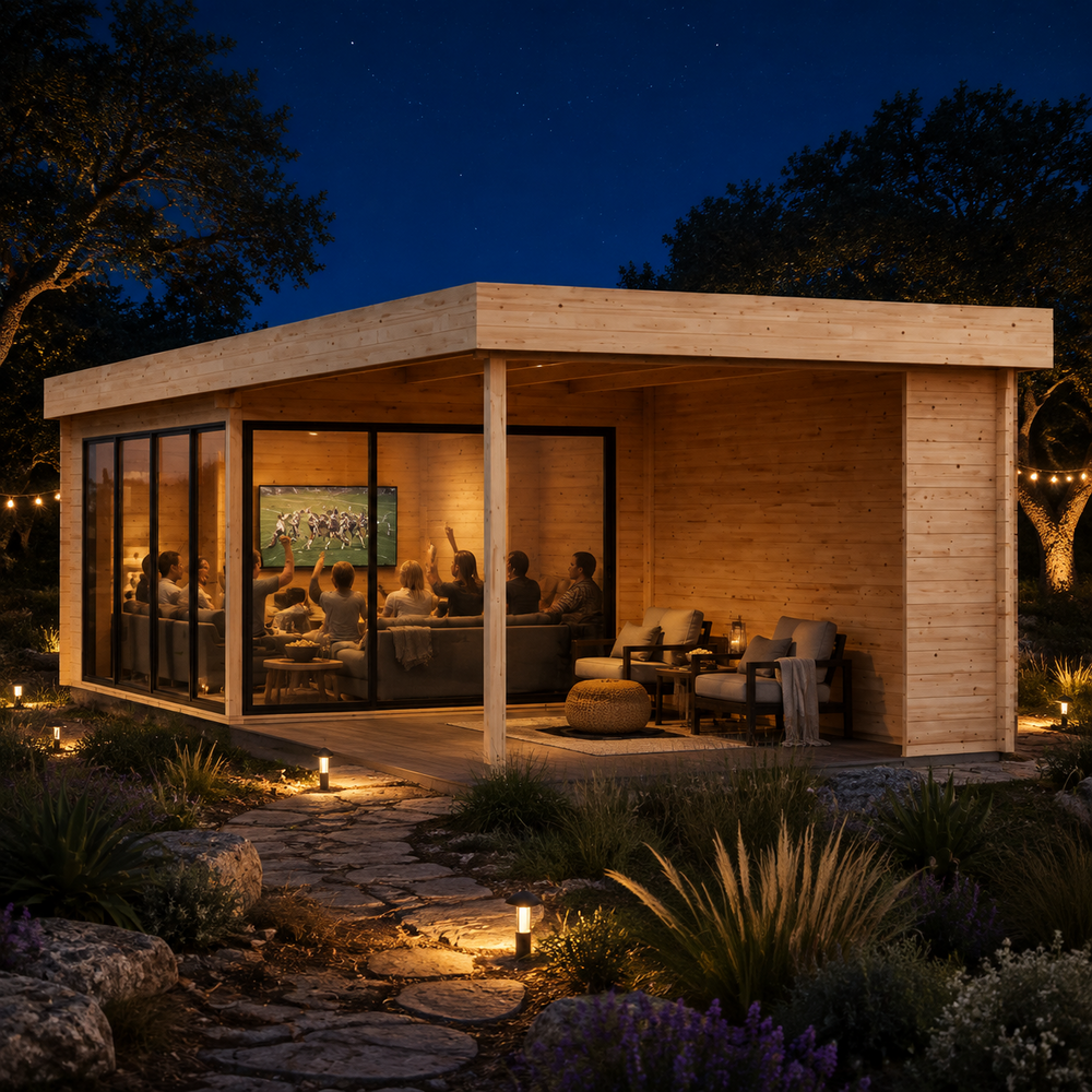Rectangular wood studio with glass walls and a covered porch at night, featuring people watching a screen inside.