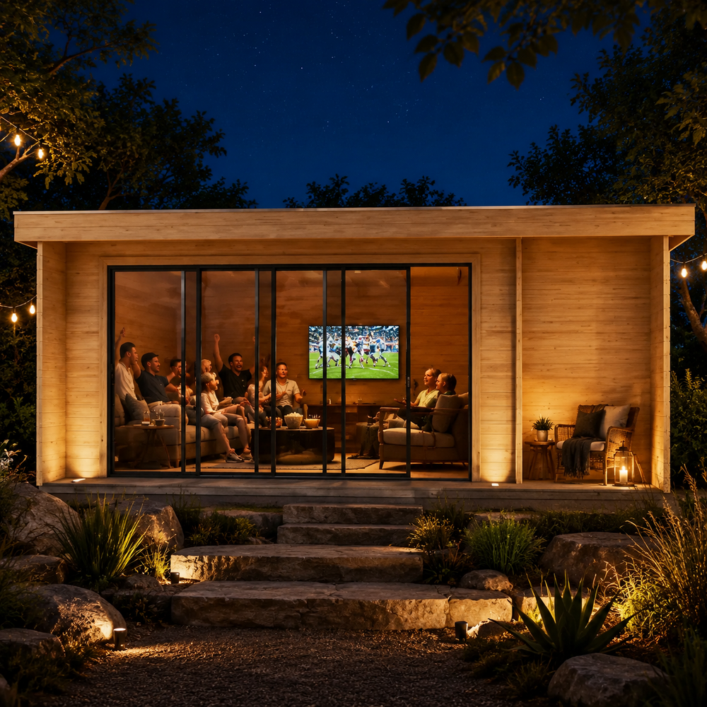Rectangular wood studio with glass doors at night, showing people watching a screen inside the illuminated ALU Concept 70B.