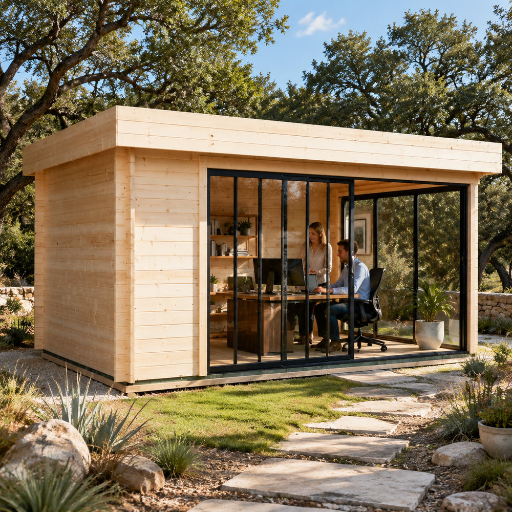 Rectangular light wood studio with glass sliding doors and two people working at a desk inside an ALU Concept 70A office.