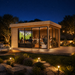 A rectangular wood studio with glass walls at night, featuring people watching a game inside the ALU Concept 70A.