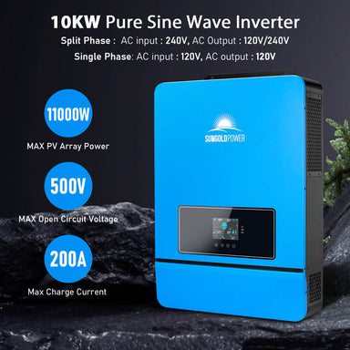 Front view of the 10KW 48VDC solar inverter included in the Sun Gold Power 10000W 48VDC 120V/240V LifePo4 25.6KWH Lithium Battery Off-Grid Solar Kit.