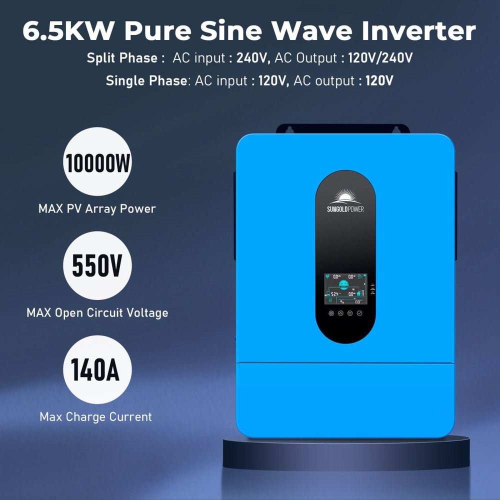 Full component layout of the Sun Gold Power 13000W 48VDC 120V/240V LifePo4 25.6KWH Lithium Battery 9900W Solar Panel Off-Grid Solar Kit showing inverters, batteries, panels, and cables