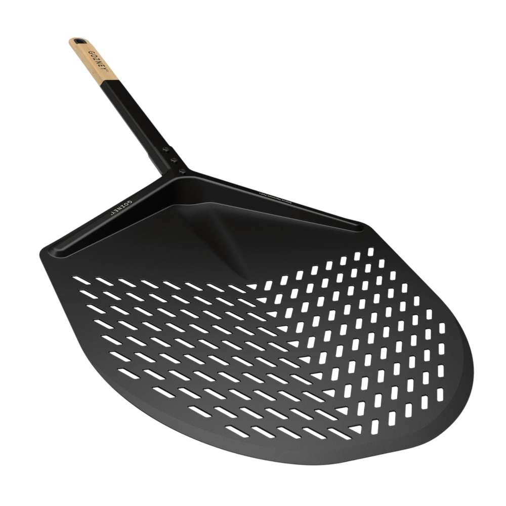 Gozney 14" Balance Placement Pizza Peel on white showing the black perforated head with the black shaft and light wood handle.