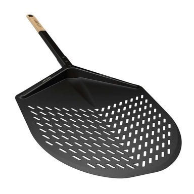 Gozney 14" Balance Placement Pizza Peel on white showing the black perforated head with the black shaft and light wood handle.