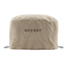 Gozney Arc Lite Pizza Oven Cover on white from the front showing the sand-colored canvas cover with the Gozney wordmark and drawcords at the hem.