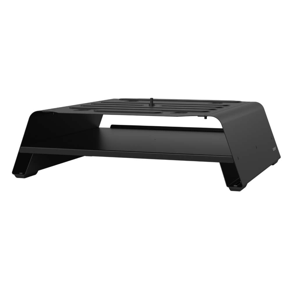 Gozney Arc Pizza Oven Booster angled view on white of the low black riser with its slotted top and splayed legs.