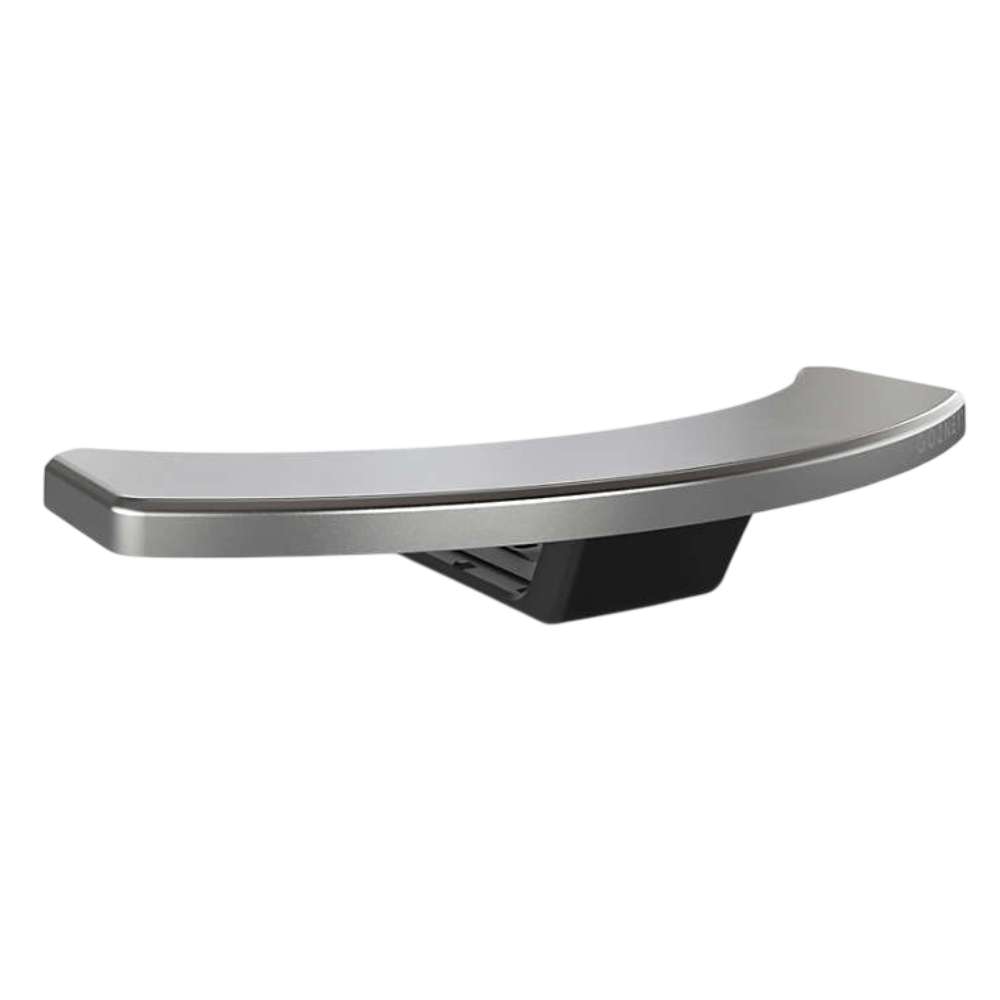 Gozney Arc Pizza Oven Mantel angled on white showing the curved stainless ledge and the black bracket underneath.
