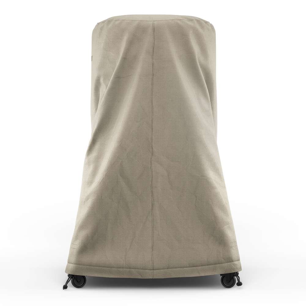 Gozney Arc Pizza Oven + Stand Cover on white from the back with the plain stone-colored panel and the drawstring hem above the casters.