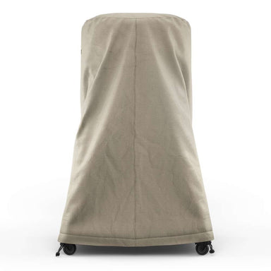 Gozney Arc Pizza Oven + Stand Cover on white from the back with the plain stone-colored panel and the drawstring hem above the casters.