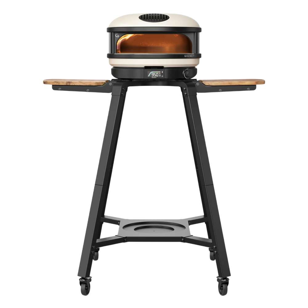 Gozney Arc Pizza Oven Stand straight-on front view on white with a Bone Arc pizza oven on top the wooden side shelves extended and casters on the black legs.