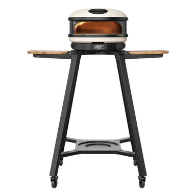 Gozney Arc Pizza Oven Stand straight-on front view on white with a Bone Arc pizza oven on top the wooden side shelves extended and casters on the black legs.