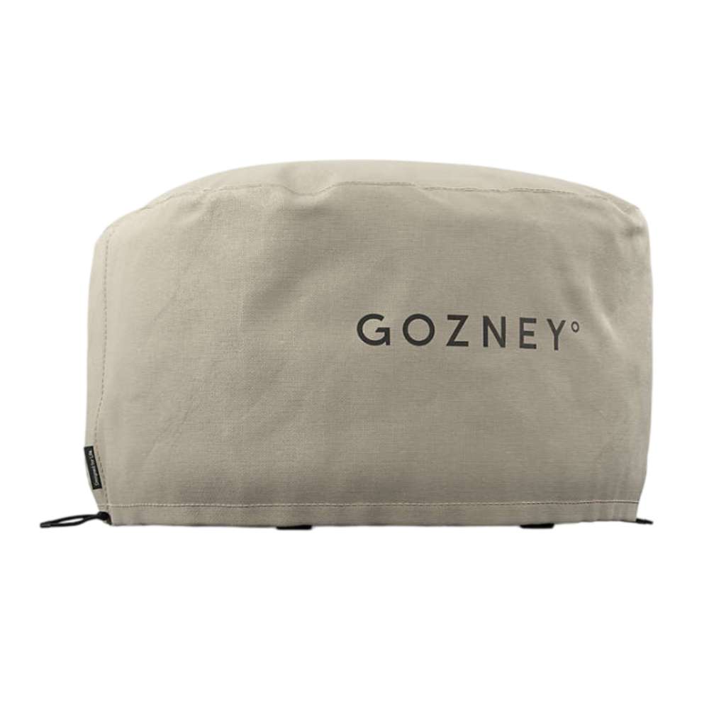 Gozney Arc Pizza Oven XL Cover angled on white showing the stone-colored canvas the Gozney wordmark and the toggle at the bottom hem.