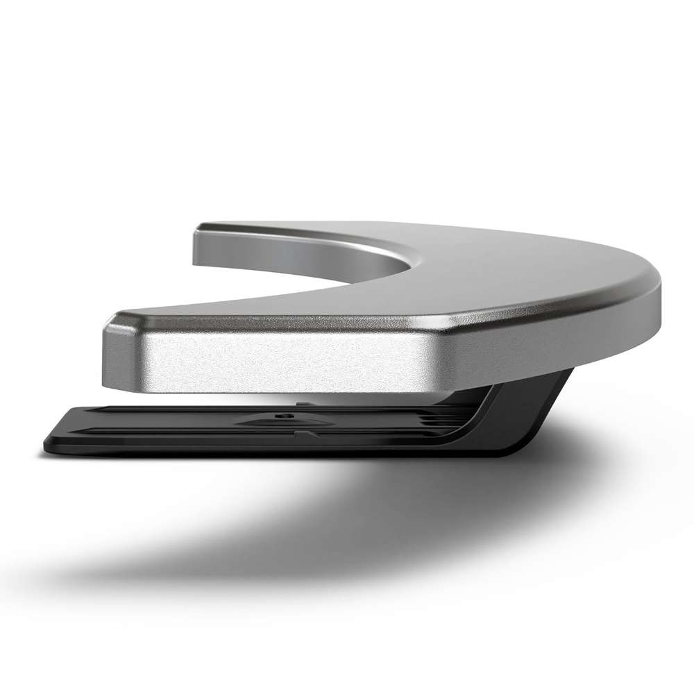 Gozney Arc XL Pizza Oven Mantel on white from above showing its crescent shape with the cutout and the stainless top over the black underside.