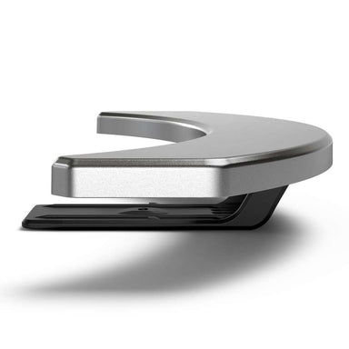 Gozney Arc XL Pizza Oven Mantel on white from above showing its crescent shape with the cutout and the stainless top over the black underside.