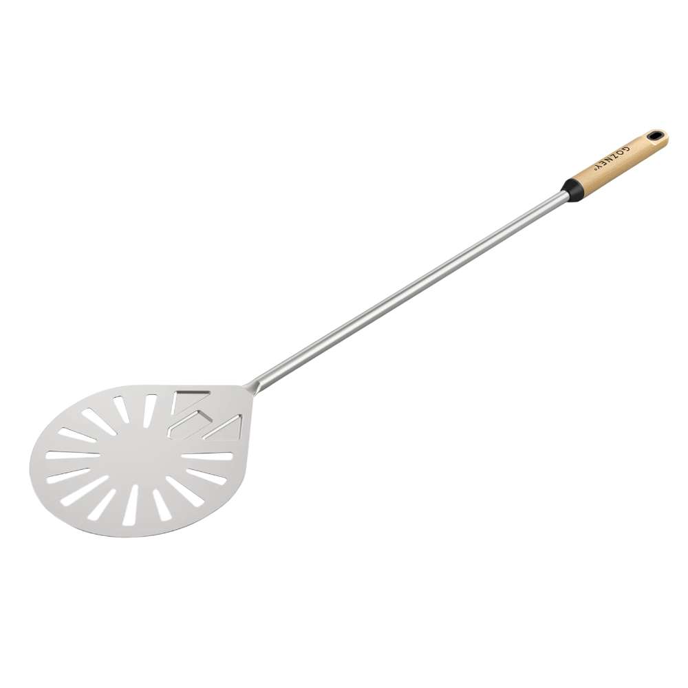 Gozney Balance Turning Peel on white showing the round perforated stainless head on a long shaft with a light wood handle grip.