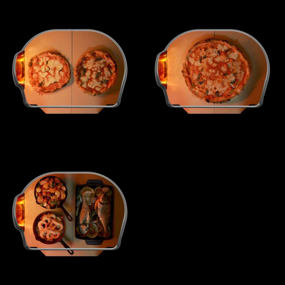 Gozney Dome Gen 2 Natural Gas Pizza Oven capacity diagram on black showing overhead views of the stone floor holding two small pizzas one large pizza and two skillets beside a tray of whole fish.