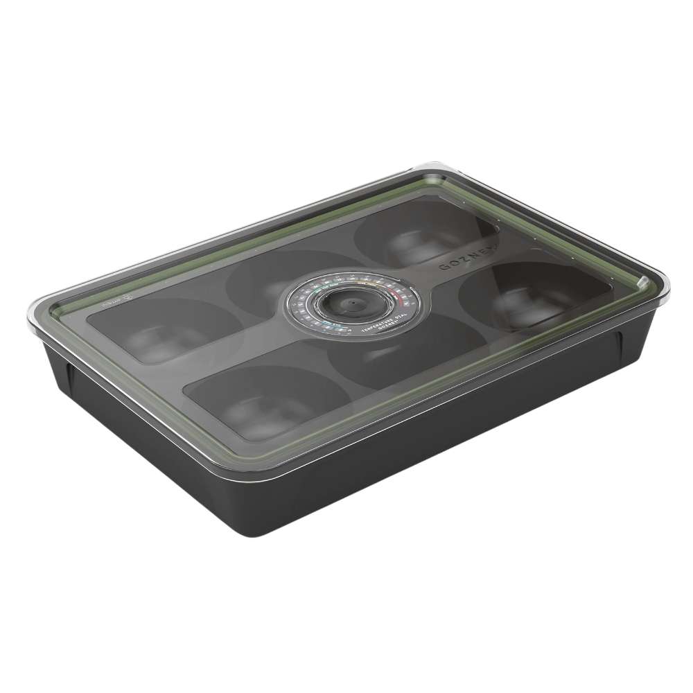 Gozney Pizza Dough Tray angled view on white of the empty black tray with its clear lid in place and the round dial set into the lid.