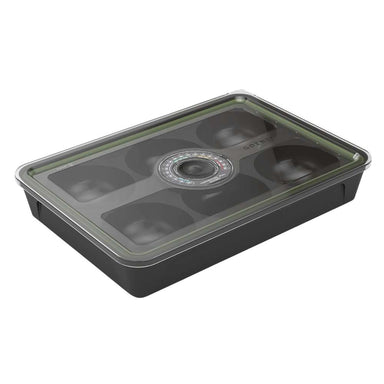 Gozney Pizza Dough Tray angled view on white of the empty black tray with its clear lid in place and the round dial set into the lid.