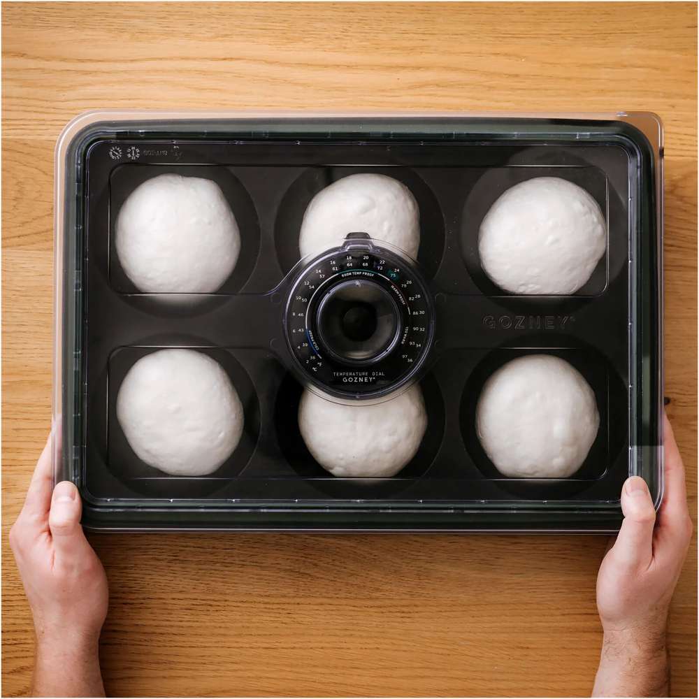 Gozney Pizza Dough Tray held in two hands over a wooden table with six white dough balls resting under the clear lid.