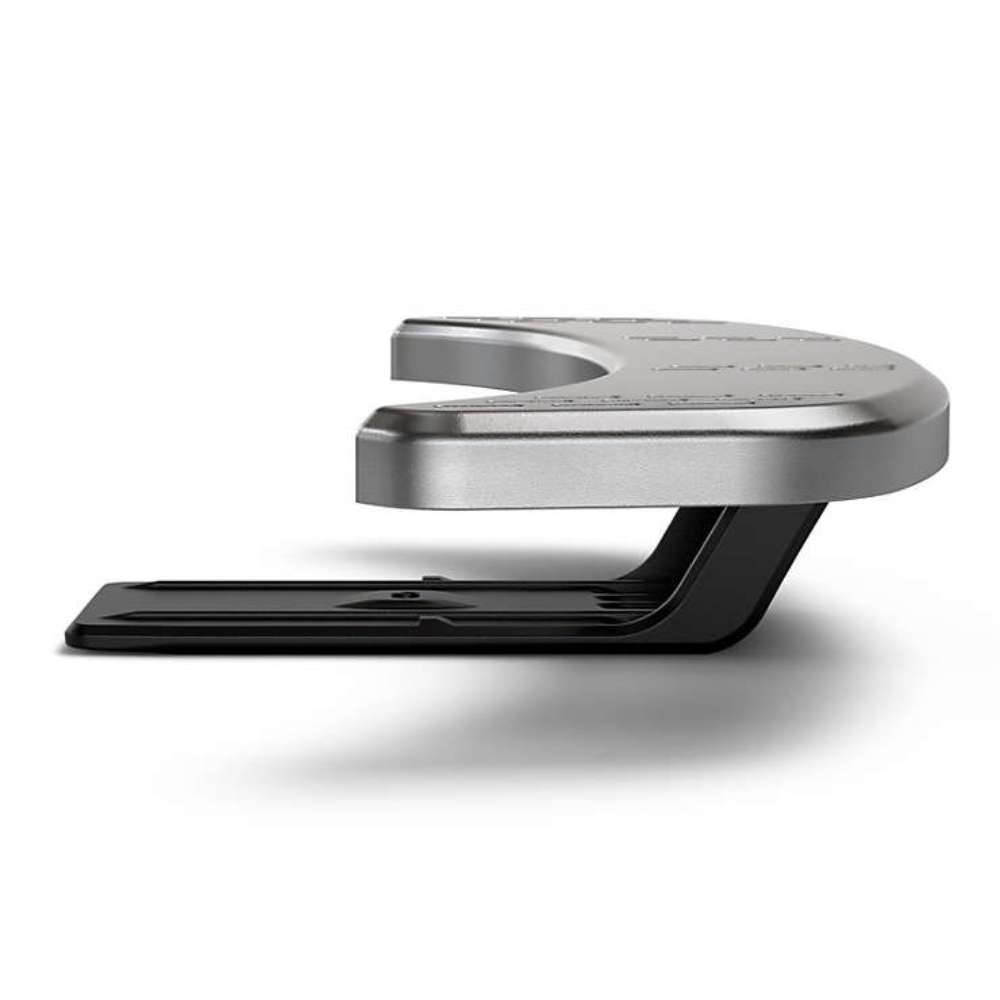 Gozney Tread Mantel in profile on white showing the stainless shelf above the black mount with its crescent cutout.